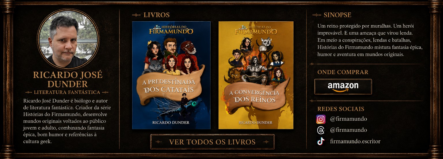 Banner de Ricardo José Dunder com fotografia, apresentação, capas dos livros A Predestinada dos Catatais e A Convergência dos Reinos, sinopse, Amazon e redes sociais